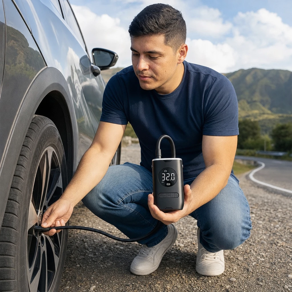 Mini compresor portátil recargable 50w en uso